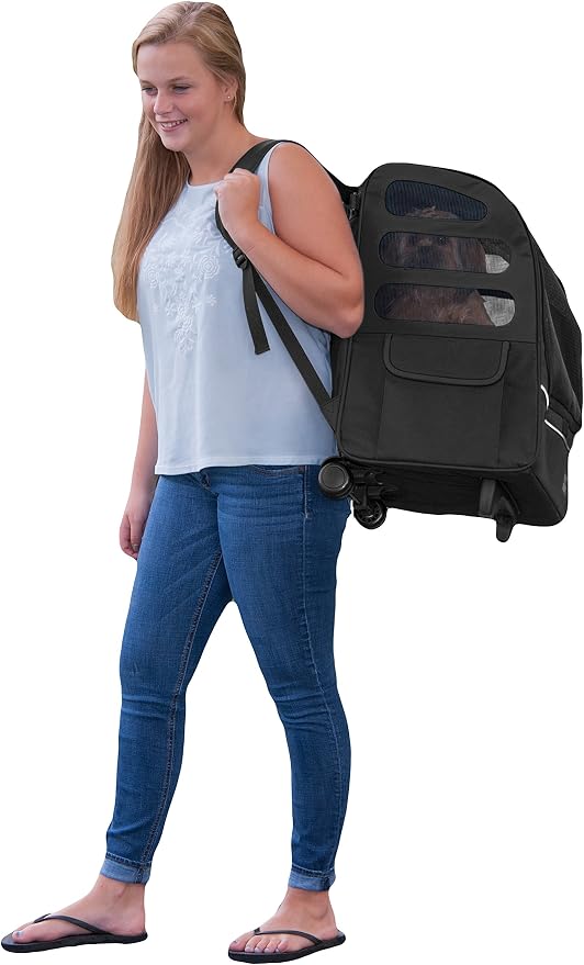 Pet Gear I-GO2 Roller Backpack, Large/X-Large Traveler Plus, Onyx | Travel Carrier, Car Seat for Cats/Dogs, Mesh Ventilation, Telescoping Handle, Storage Pouch, Included Tether