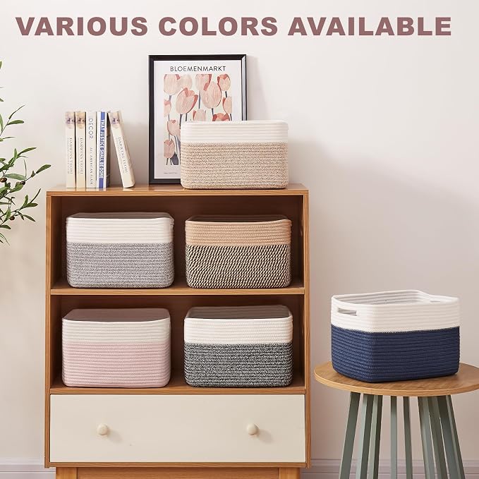 OIAHOMY 4 Pack Storage Basket, 13"x9"x7.8" Cotton Rope Baskets for Shelves, Closet Organizer for Bedroom & Living Room, Soft Decorative Bins for Organizing Towels, Books & Toys, Blue & White