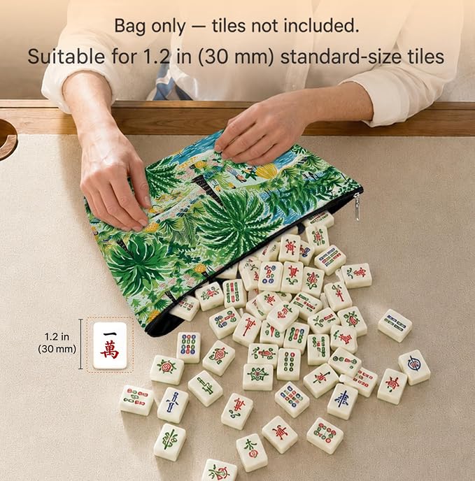 Green Summer Tropical Beach Empty Mahjong Tile Bag 13x7.8 Inch | Palm Tree Printed Portable Travel Case Organizer Zipper Pouch for American Mahjong Tiles Game Night Accessories and Gifts