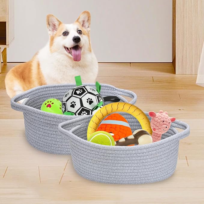 ABenkle Small Basket Empty Gift Basket, Decorative Boho Rope Woven Nursery Storage Organizer Dog Toy Baskets for Baby Showers Christmas Easter with Gift Bags and Ribbons, 12"X 8" X 5"