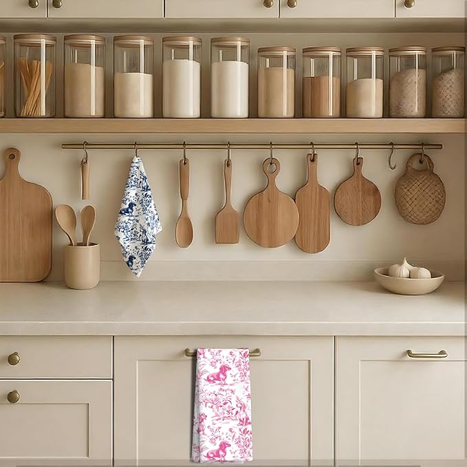 Pink Chinoiserie Dachshund Kitchen Towels Set of 2,Pink Floral Botanical Dachshund Decorative Dish Tea Towels,Grandmillennial Weiner Dog Hand Towels for Kitchen Bathroom, 16x24 Inch