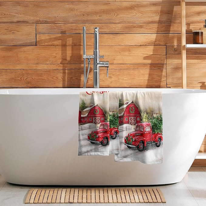 Giwawa Red Truck Hand Towels Christmas Holiday Soft Dish Towels Absorbent Quick Dry Face Fingertip Towels for Kitchen Bathroom Gym Sports