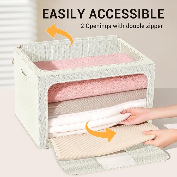 Clothes Storage Bins with Metal Frame, Foldable Clothes Organizers Storage Containers for Clothes, Sheets, Blankets, Pillows and Towels (100L, 3 Pack) Beige