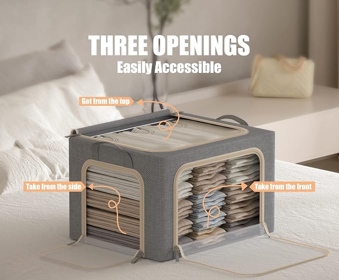 3 Openings Large Clothes Storage Bins with Metal Frame, Foldable Storage Bin for Clothes, Clothing Storage Bins with Lid, Linen Storage Box With Clear Window＆ Zippers＆ Handles.(3 Pcs,Light Grey,66L)