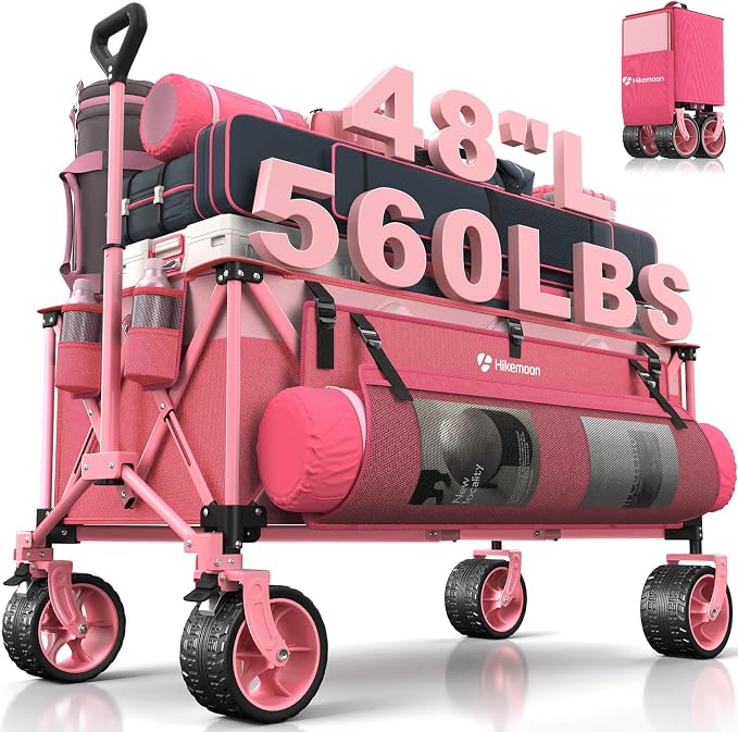 48'' Extra Large Collapsible Wagon with Big Wheels, 300L Pink | 560LBS Heavy Duty, Wagons Carts Foldable, All-Terrain, Brakes, Folding Cart, Utility for Beach/Camping/Garden/Sports/Grocery