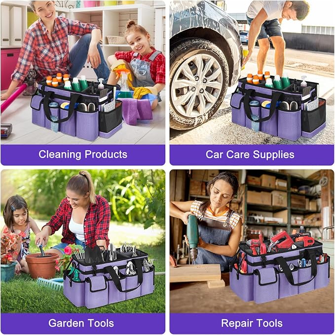 Cleaning Caddy Bag,Extra Large Cleaning Supplies Organizer with Handle for Housekeepers,Purple
