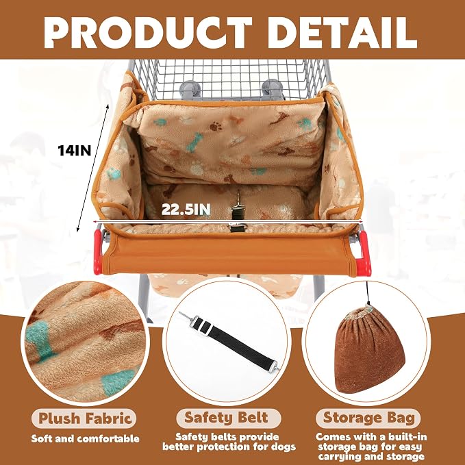 Soft Velvet Shopping Cart Cover for Dogs, Plush Pets Grocery Cart Cover with Safety Ropes, Portable and Easy-on Stretch Design for Shopping Carts with Carry Bag(Orange Print)