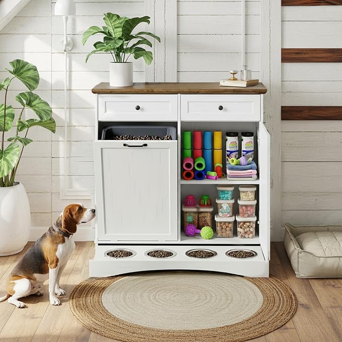Double Tilt Out Trash Can Cabinet with Dog Bowl, 10 Gallons Dog Food Storage Cabinet, Hidden Trash Can Cabinet with Hideaway Drawer for Kitchen, Living Room (White Grain, Double Door)