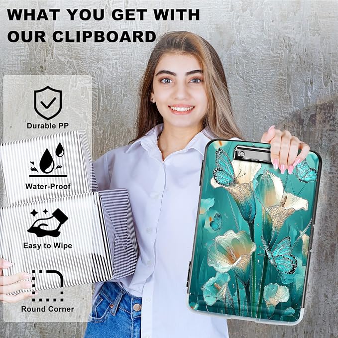 A4 Clipboard with Storage Pen Holder, Clipboards Organizer Nursing Clipboard Foldable File Folder Plastic Clipboard Folio Clip Board for Office Work Classroom Doctor, Blue Lily