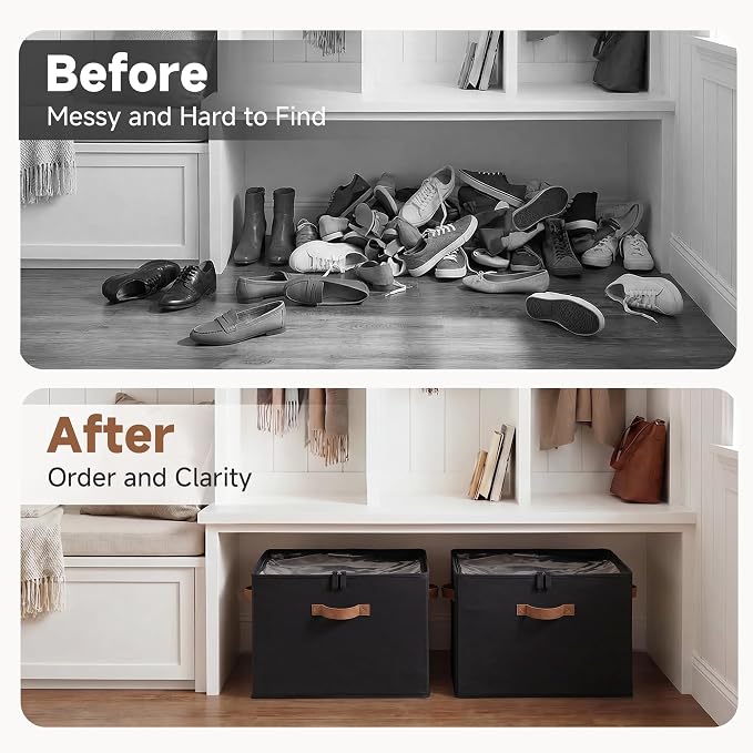 StorageWorks 16-Pair Closet Shoe Organizer with Adjustable Dividers, Black | Holds up to 16 Pairs, Foldable, Clear Lid, Reinforced Handles, Fits Sneakers, Boots & Heels, For Entryway, Bedroom & RV