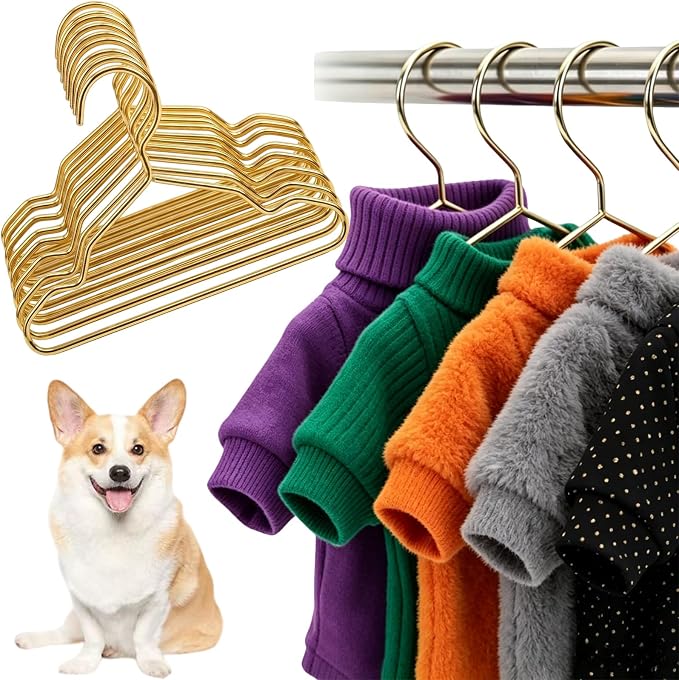 10 Pcs 7.9" Gold Metal Pet Clothes Hangers for Small Dog Cat Closet | Mini Gold Pet Hangers with Glossy Finish; Non-Slip Notches for Clothes Holding; Snag-Free Edges; Ideal for Pet Closet Decor