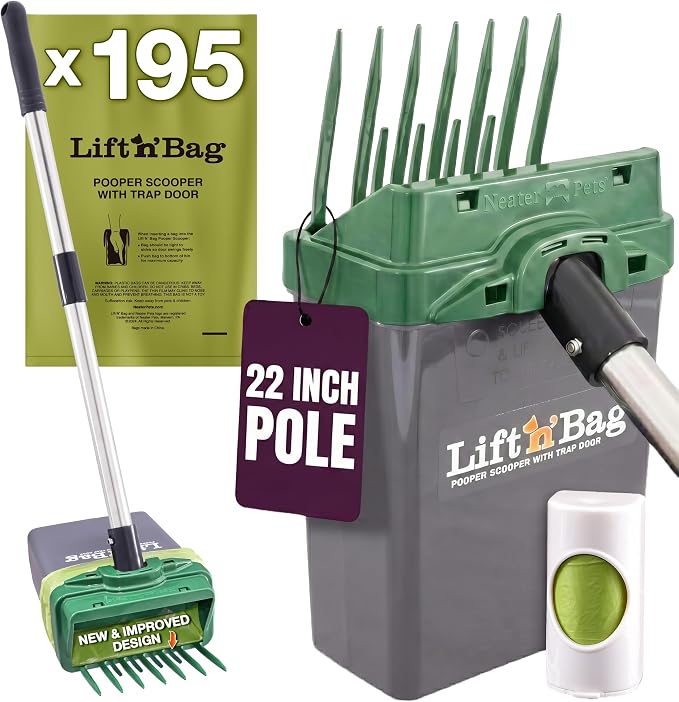 Neater Pet Brands Lift N’ Bag 2.0 Dog Pooper Scooper with Bag Attachment & 22" Pole for Small to Large Dogs, New & Improved Design, 195 Refill Bags, Heavy Duty Dog Poop Scooper for Yard, One-Hand Use