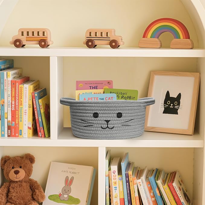 Small Cat Toy Basket, Gift Baskets Empty for Baby Shower,9.8" x 4" | Boo basket Cute Woven Rope Storage Basket for Home Decor, Baby Baskets for Nursery, Cat Pet toy box, Grey