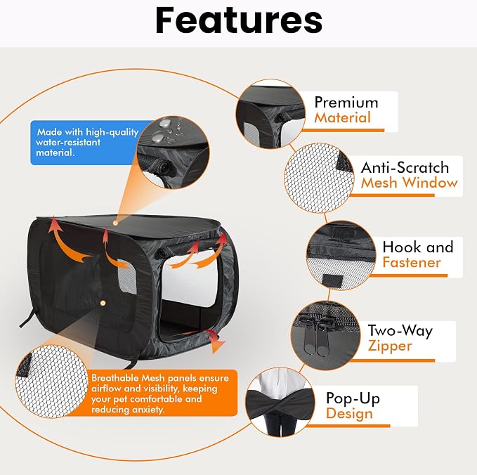 Portable Collapsible Pop Up Kennel, 24"L x 16.6"W x 16"H, Black | Collapsible indoor/outdoor travel cat and dog crate with mesh screen windows pops up and folds flat for easy storage