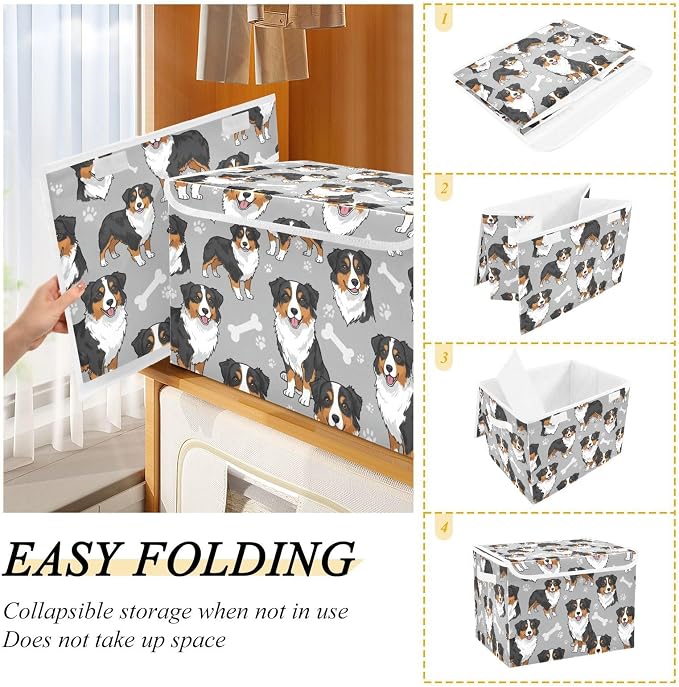 Dog Bone Paw Print Storage Bins with Lids Closet Bedroom 40L Fabric Bin | Decorative Storage Boxes, Foldable & Stackable, Dust-Proof Flip Top, Reinforced Handles, For Home & Dorm, Clothes & Toy Box