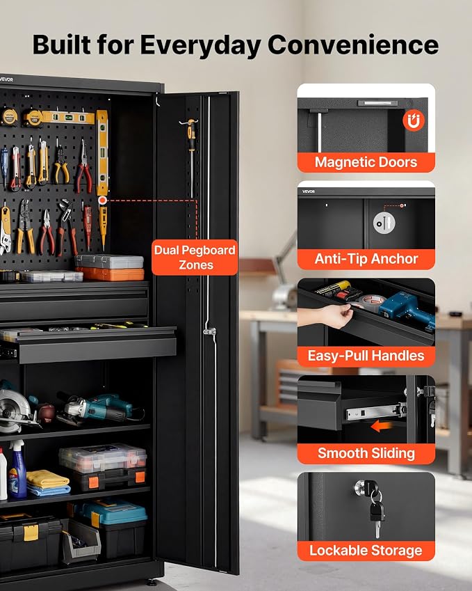 VEVOR Metal Storage Cabinet, 180 lbs Shelf Load Capacity, 70.87" Tall Garage Tool Storage Cabinet with 2 Locking Doors, Adjustable Shelves, 2 Drawers, Pegboard, for Garage, Home, Office, Utility Room