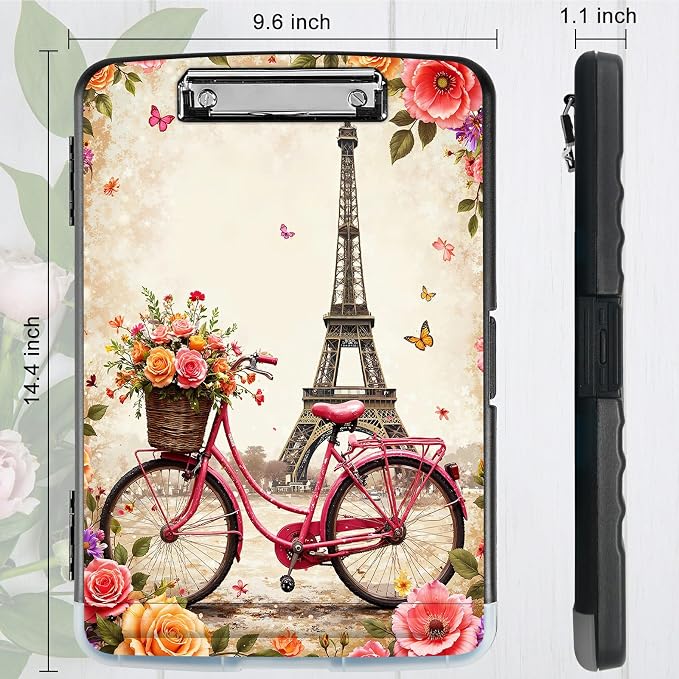 A4 Clipboard with Storage Pen Holder, Clipboards Organizer Nursing Clipboard Foldable File Folder Plastic Clipboard Folio Clip Board for Office Work Classroom Doctor, Bicycle Leaning Tower