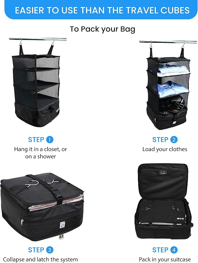 Stow-N-Go Hanging Travel Shelves, Packing Organizer for Luggage. Carry on Closet for Suitcase. Expandable Packing Cube. Travel Essentials. (Black - L, L = (L) 11.8" x (W) 11.8")