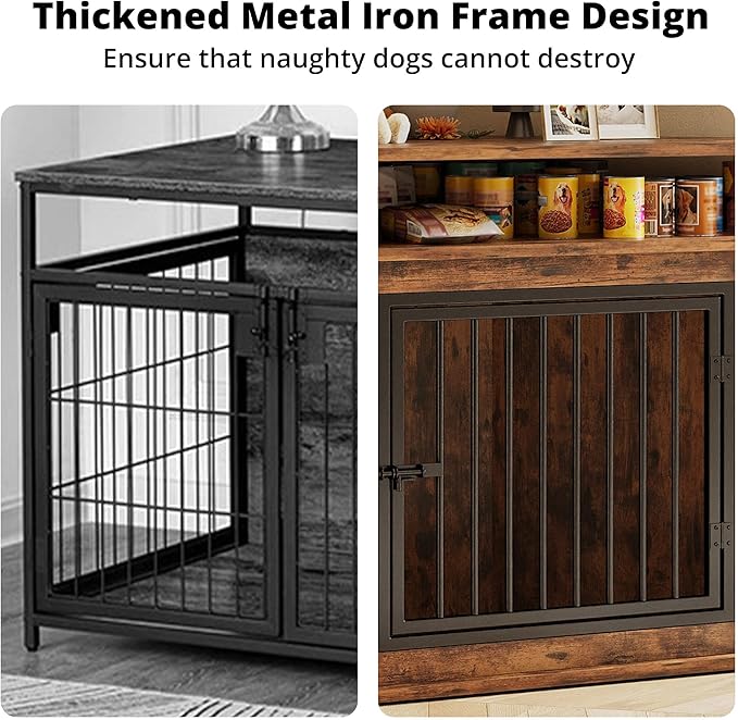 IRONCK 51" Large Corner Dog Crate Furniture with 2-Tier Storage Shelves | 10mm thickened iron frame. 2-tier shelves and 200 lb top. Space-saving design. 26.7" L x 51.2" W x 33.5" H. Rustic Brown