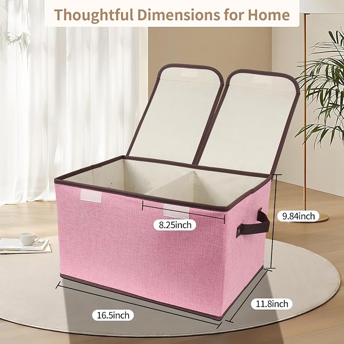 Foldable Fabric Storage Box, 16.5 x 11.8 x 9.8 inches (L x W x H), with Double-Lid & Dividers, Large Organizer for Home, Closet, Office(Pink, 3 Packs)