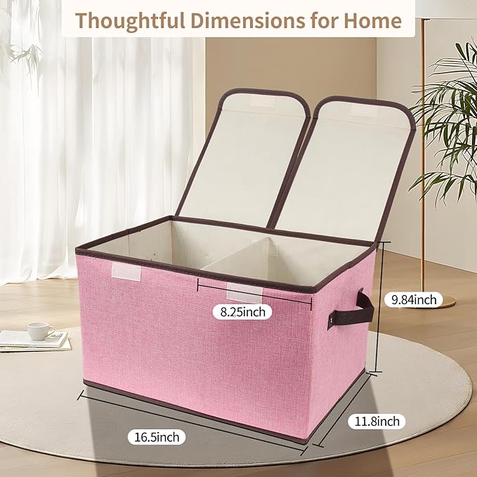 Foldable Fabric Storage Box, 16.5 x 11.8 x 9.8 inches (L x W x H), with Double-Lid & Dividers, Large Organizer for Home, Closet, Office(Pink, 4 Packs)