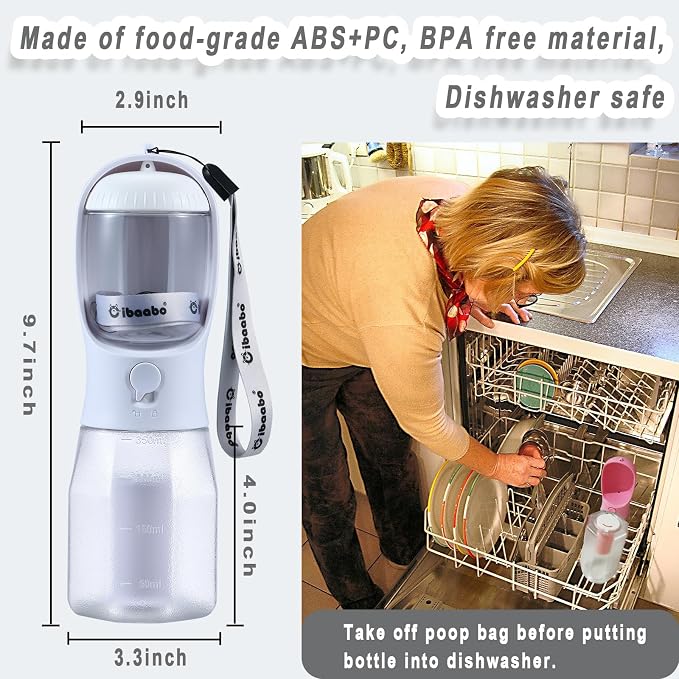 Cibaabo Dog Water Bottle with Food Container & Poop Bag Holder & Filter | Feeding & Hydration & Waste All in One | Travel Puppy Water Bowl | Portable Pet Dispenser | Dog Gifts | for Walking Beach