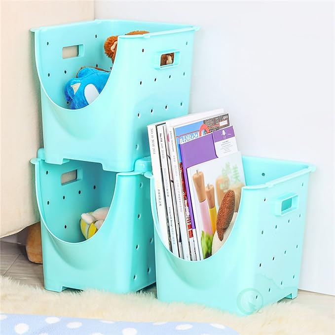 Basicwise Stackable Plastic Storage Container Open Front Side Handles and Ventilation Holes Durable Multi-Purpose Organizer Bin for Kitchen Pantry Closet Laundry Bathroom and Office Supplies, Blue