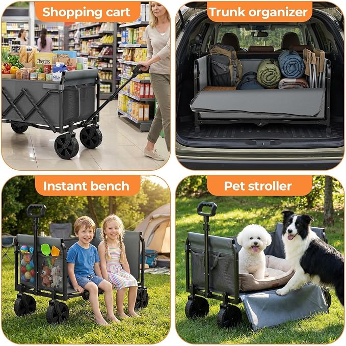 Portable Collapsible Wagon Cart, Foldable Cart with Removable Side, Utility Groceries Wagon for Dogs Cats Camping Beach Shopping Sports Gardeing Fishing, Gray