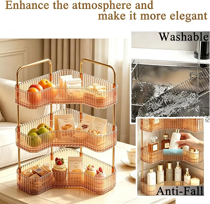 3-Tier Corner Bathroom Organizer, Skincare Vanity Counter Shelf Orange | Premium PET Perfume Display Stand with Gold Metal Rods, Space-Saving 90 Degree Storage Rack for Dresser