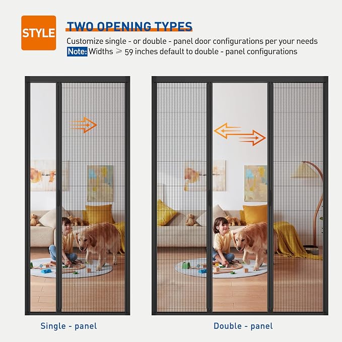 MAGZO Custom Heavy Duty Retractable Screen Door - Center Opening | Thick Removable Aluminum Frame, Tough PET Mesh, No-Drill Reversible for Balcony, Patio, Sliding Doors, Critter Block