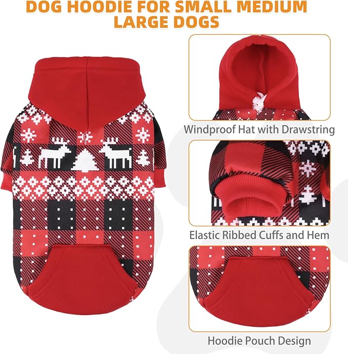 KOOLTAIL Christmas Dog Hoodie,Red Plaid Pet Clothes Sweater with Leash Hole&Pocket for Small Medium Large Dogs, Soft Winter Warm Dog Cold Weather Coat, Fleece Puppy Hooded Sweatshirt for Boys Girls, L