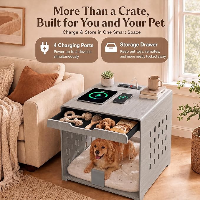 Modern Dog Crate Furniture Wooden Kennel Charging Station End Table Grey | Nightstand, Dog Cage Indoor, up to 50 lb, with Flip-Up Acrylic Door, Storage Drawer, Medium Small Dogs, Living Room Bedroom