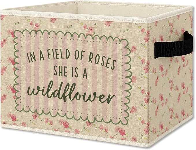 Wildflower Nursery Cube Storage Bins with Handles, in a Field of Roses She Is a Wildflower Girls Collapsible Fabric Storage Basket Boxes Books Clothes Organizer for Girls Bedroom Bathroom