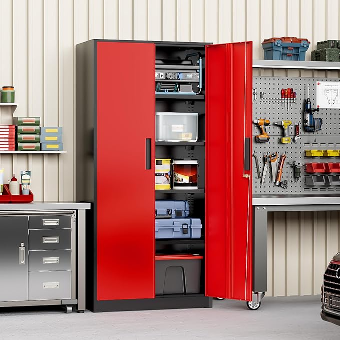 Greenvelly Metal Storage Cabinet with Doors and Shelves, 72" Inch Locking Metal Cabinet,Garage Storage Cabinet for Garage Office School Warehouse (Black Red)