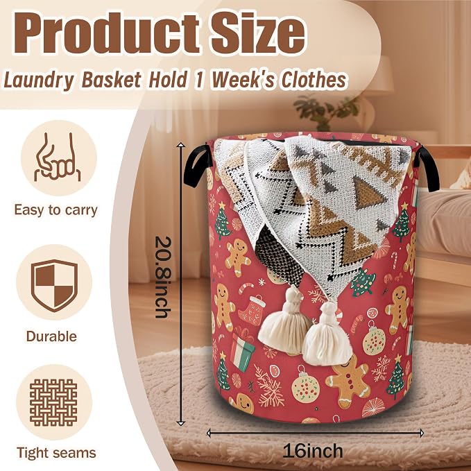 Merry Christmas Laundry Basket, Laundry Hamper Waterproof Oxford Cloth Tote Collapsible,Clothes Storage Bucket Decorative Toy Organizer For Bathroom Bedroom 16" x 20.8"