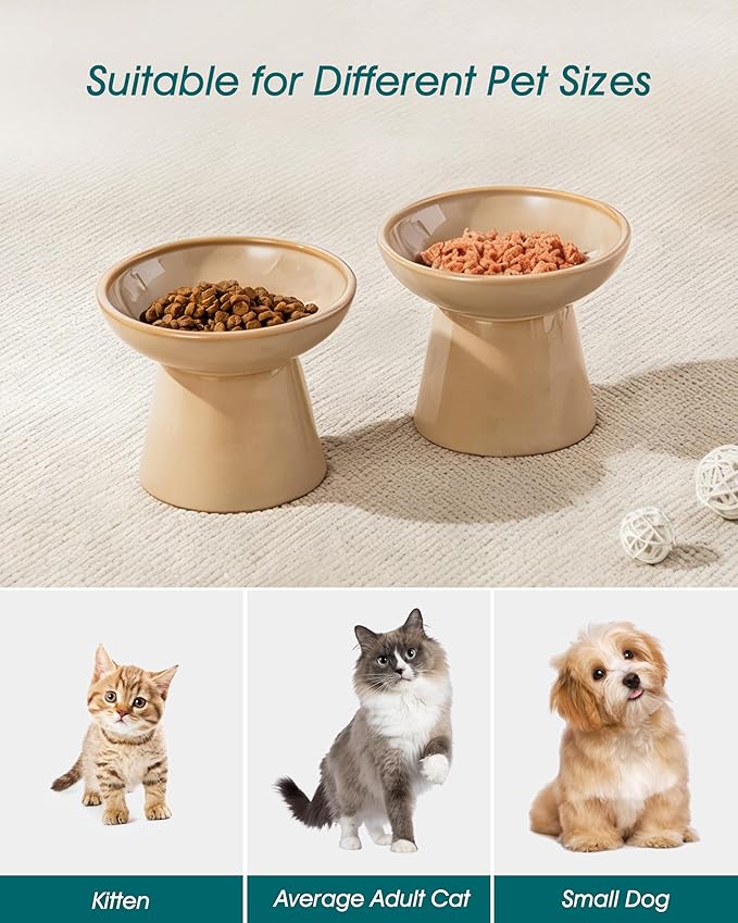 vancasso Elevated Cat Food Bowls 2-Pack, 6.2" Wide Shallow Cat Feeding Bowl for Whisker Fatigue, 5.1" Height Ceramic Raised Food Bowls for Senior Cats, Anti Vomit, Brown