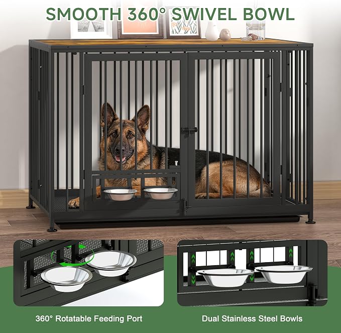 43.3" Heavy Duty Large Dog Crate with Wheels & Feeding Bowls, 3 in 1 Foldable Extra Large Dog Kennel & Playpen, Indestructible Escape Proof Metal Dog Cage for Large Dogs, Indoor Outdoor, Rustic Brown
