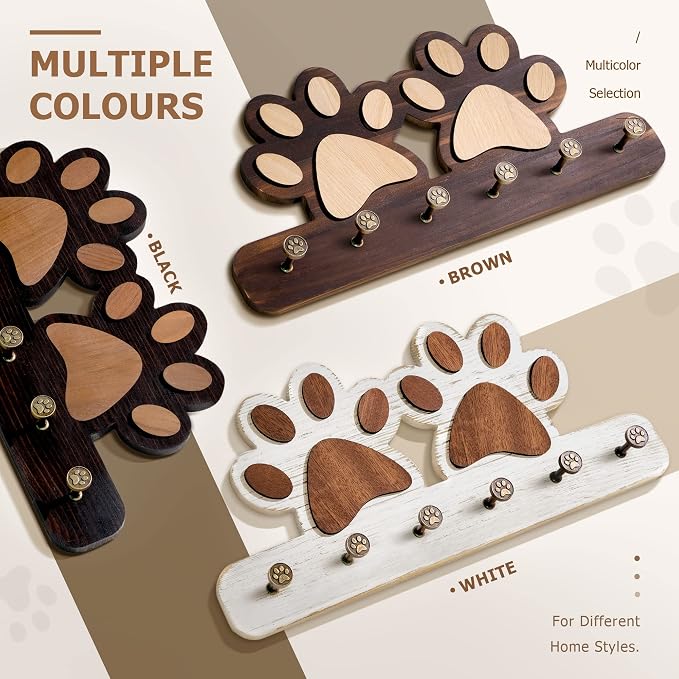 MTERSN Farmhouse Dog Leash Holder for Wall for Pet Supply Storage, White | Unique 3D Pet Claw Hooks, Decorative Dog Leash Hanger, Coat Rack with 6 Hooks for Hats, Dog Stuff Organizer for Entryway
