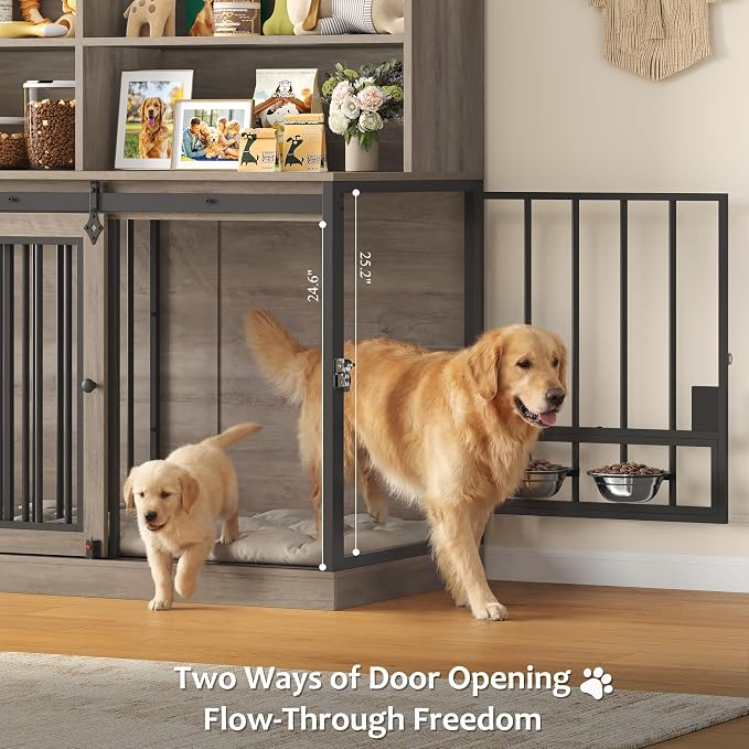 HOSTACK 71" Tall Dog Crate Furniture, Indoor Dog Kennel with Storage, Grey | Removable Room Divider, 4 feeding bowls, Adjustable Shelves, Metal Lock & Spring Latch, Farmhouse Pet House for XL/XXL Dogs