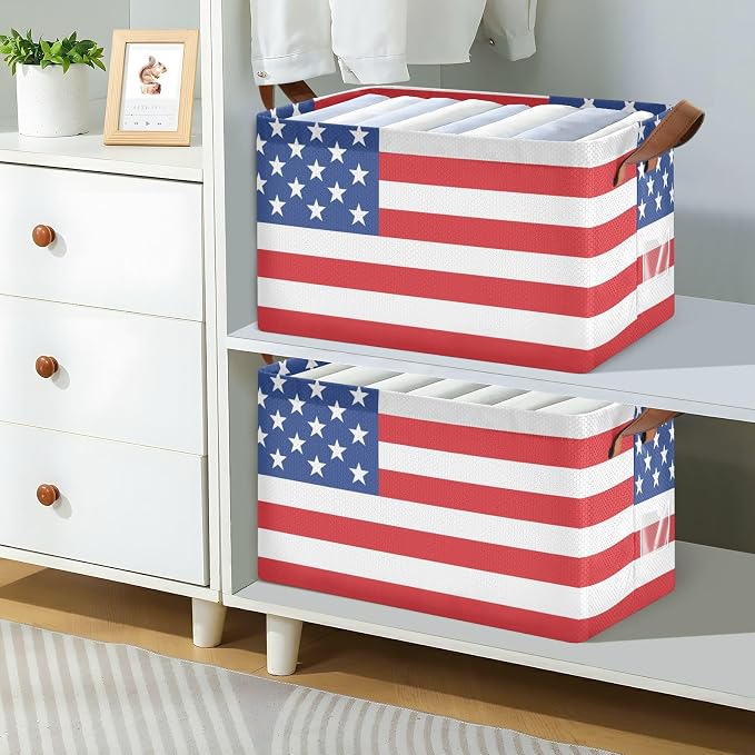 Red White and Blue American Flag Storage Basket Foldable Cube Storage Bins with Handles&Label Waterproof Organizer Box Bin Large Rectangle Decorative Baskets for Shelves Home Room Laundry, 2 Pack