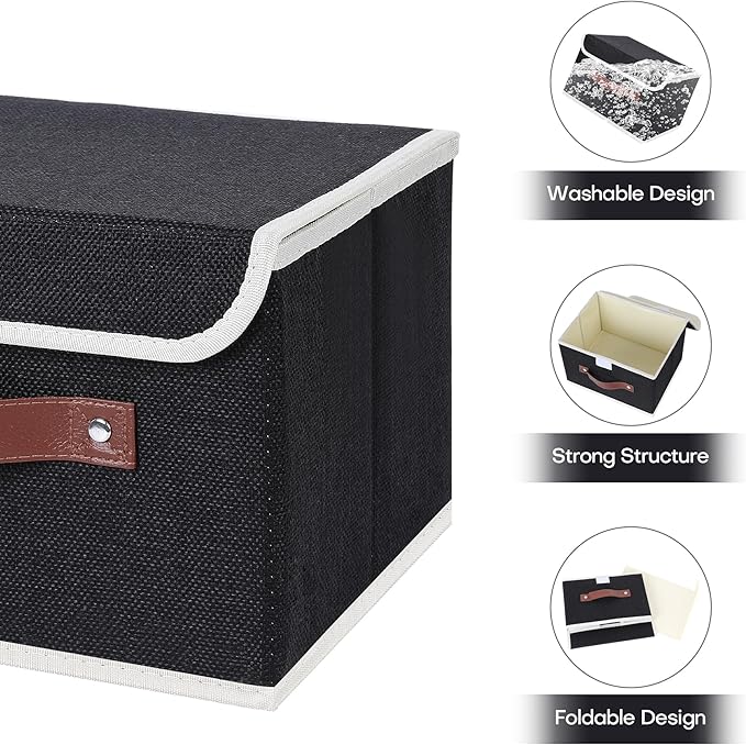 ANMINY Fabric Storage Box Bins with Lids, Black, 15"x10"x10", 2 Pack | Keepsake Memory Storage, Cotton Linen, PP Board Reinforced, Washable, PU Handles, Foldable & Stackable, Decorative, Large