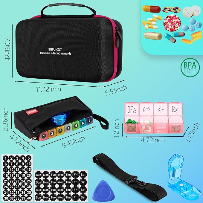 Monthly Pill Organizer, Medicine Organizer Box with Portable Hard Shell and Pill Cutter, 31 Day Pill Holder with Weekly Pill Bag (Rose red, 4 Times a Day)