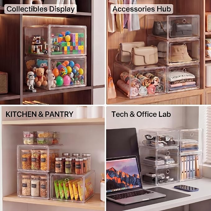 10 Pack Stackable Clear Storage Bins with Front Door 5-sided Transparent Organizer Boxes Plastic Storage Containers for Clothes, Toys, Classroom Supplies, and Home Organization