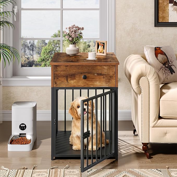 HOOBRO Dog Crate Furniture, Wooden Dog House, Decorative Dog Kennel with Drawer, Indoor Pet Crate End Table for Small Dog, Steel-Tube Puppy Cage, Chew-Proof, Rustic Brown and Black BF01GW03