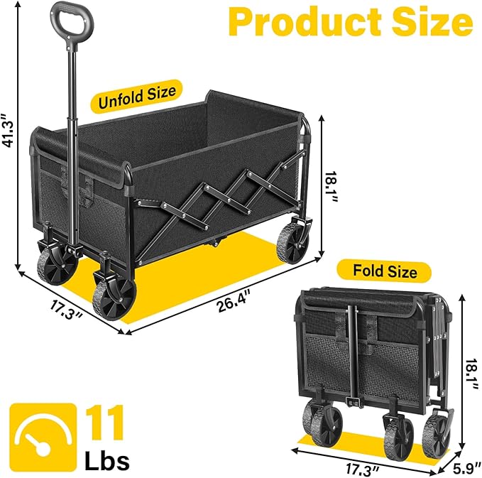 Collapsible Wagon Cart with Wheels, Compact 360 lb Folding Cart,Pitch Black | Portable utility wagon for groceries, shopping, camping, garden, sports, picnics, laundry, apartment errands and small hauls
