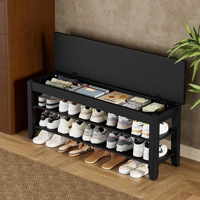 Homleke 39.4" Wide Solid Wood Shoe Rack Bench with Flip-Top Storage | 2-Tier Entryway Bench with Cushion, Adjustable Shelf, Holds Up to 10 Pairs, for Hallway, Bedroom and Closet, Black