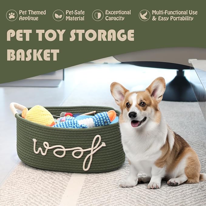 Sea Team Dog Toy Storage Basket with Handles, Green Woof | Large Cotton Rope Storage Bin, Shelf Basket, Organizer for Pet Chew Toys, Foods, 16.5 x 11 x 7 Inches, 4.4 Gallons