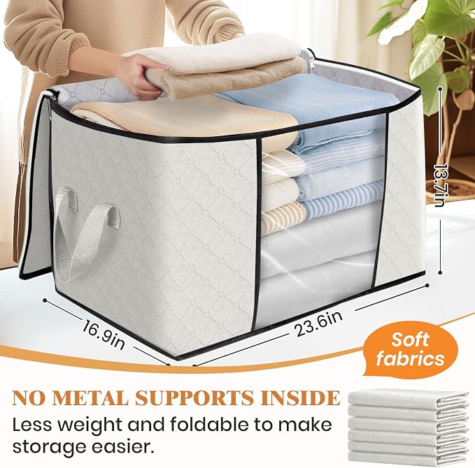 90L Clothes Storage, Foldable Thick Fabric Blanket Storage Bags | Foldable Containers with Zippers,Window and Handles for Organizing Bedroom, Closet, Comforter, Bedding,Dorm essentials