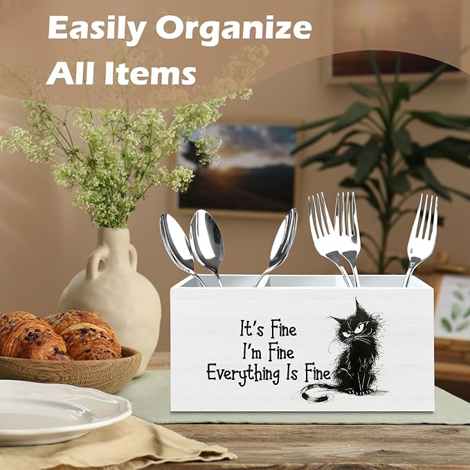 DILSJ Funny Black Cat Pen Pencil Holder Organizer for Desk, Cat Lovers Gifts, Funny Office Decor, It's Fine Everything Is Fine Wooden Box Signs for Office Workplace Desk Tabletop Decoration