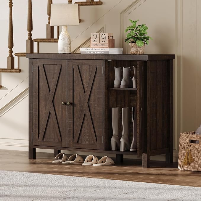 Farmhouse Shoe Cabinet with 3 Barn Doors & Wood Legs, 5-Tier Shoe Storage Cabinet with 3 Adjustable Shelves, Tall Shoe Rack Organizer for Closet, Shoe Organizer for Entryway, Hallway, Dark Cherry